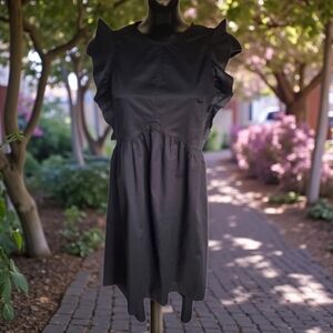 Magari Made In Italy Cotton Black Ruffle Shoulder Empire Waist High Low Dress